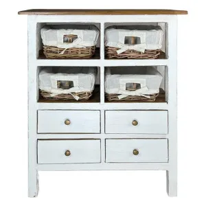 Ocosta Mahogany Timber Storage Chest with 4 Drawers & 4 Rattan Baskets, Distressed White / Teak by Chateau Legende, a Storage Units for sale on Style Sourcebook
