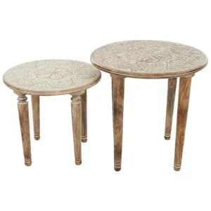 Castler 2 Piece Carved Wooden Round Nested Table Set by Coast To Coast Home, a Side Table for sale on Style Sourcebook