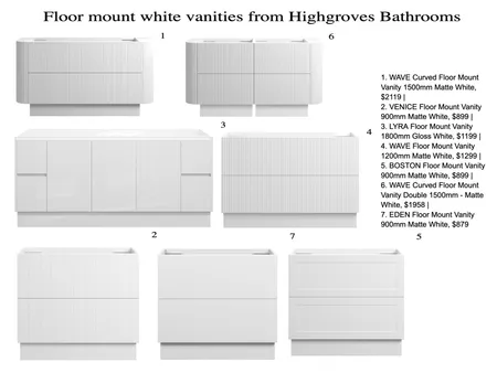 White floor mounted vanities from Highgroves Bathrooms Interior Design Mood Board by maeve home & style on Style Sourcebook