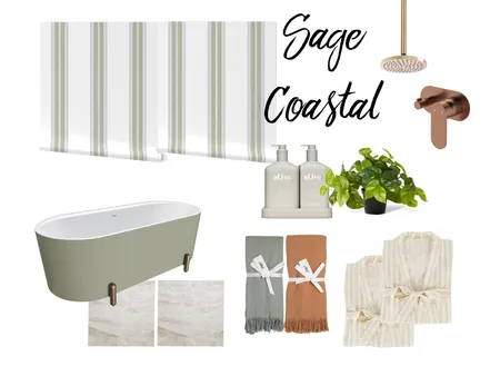 Ticking Stripes Green Indigo Wallpaper in Sage Coastal Bath Interior Design Mood Board by Janiel