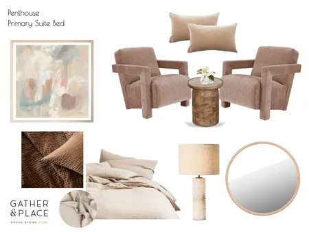 Penthouse Primary Suite Bed Interior Design Mood Board by Gather & Place