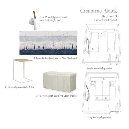 Cremorne Shack Bedroom 3 Furniture Layout Interior Design Mood Board by decodesign on Style Sourcebook