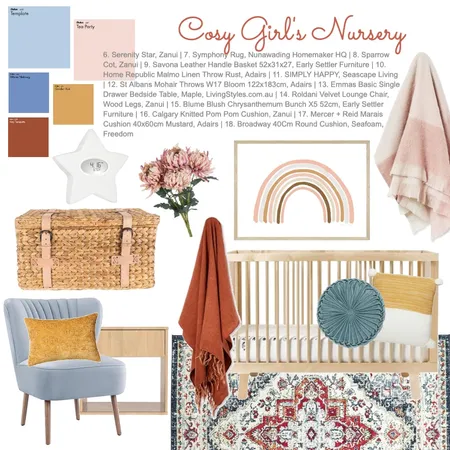 Rust, Blue and Blush Nursery Interior Design Mood Board by Kingfisher Bloom Interiors on Style Sourcebook