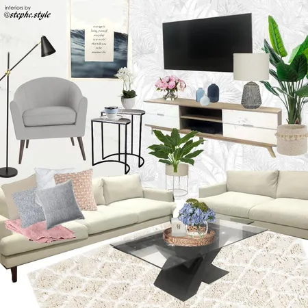 living room blue pink white black with tv Interior Design Mood Board by stephc.style on Style Sourcebook