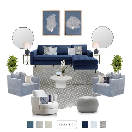 Navy Blue Inspired Living Room Interior Design Mood Board by Cailey & Co. Interior Styling on Style Sourcebook