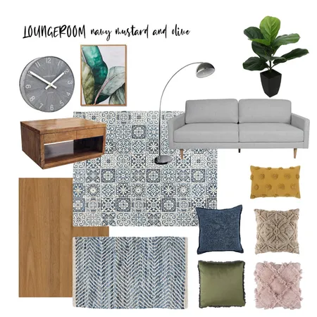 Loungeroom with navy, mustard and olive Interior Design Mood Board by CharissaLyons on Style Sourcebook