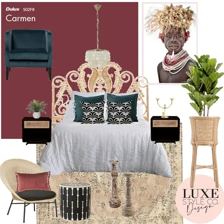 Boho Moody Bedroom Interior Design Mood Board by Luxe Style Co. on Style Sourcebook