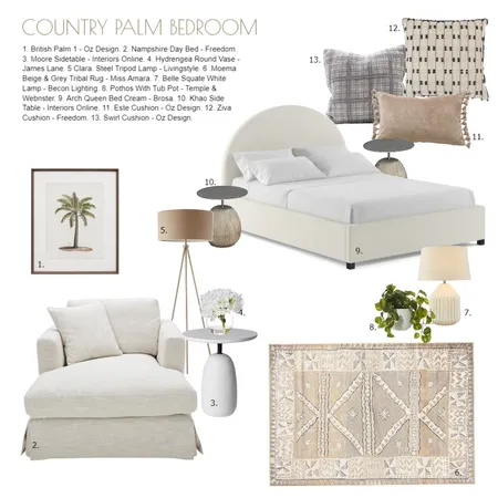 Country Palm Bedroom Interior Design Mood Board by SALT SOL DESIGNS on Style Sourcebook