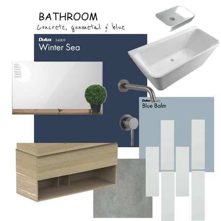Bathroom; concrete, gunmetal & blue Interior Design Mood Board by CharissaLyons on Style Sourcebook
