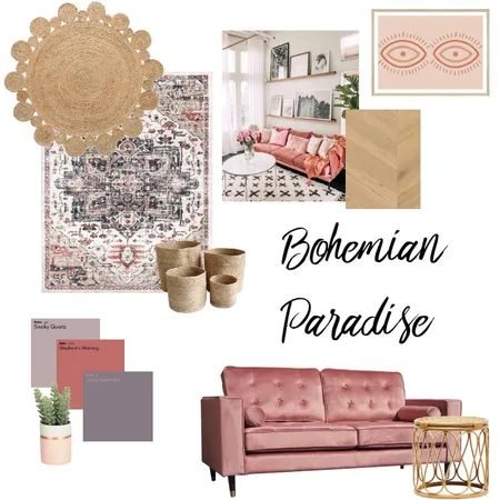 pink boho living room Interior Design Mood Board by beccairis on Style Sourcebook