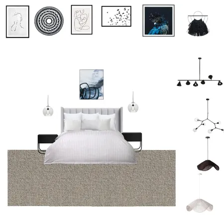 Monochrome Master Bedroom - Lighting & art Interior Design Mood Board by sharelle on Style Sourcebook