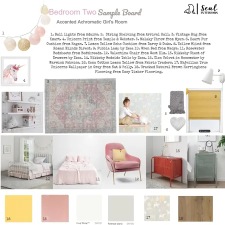 Accented Achromatic Little Girl's Bedroom Interior Design Mood Board by Seal Interiors on Style Sourcebook