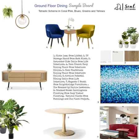 Tetradic Dining Area in Blues, Yellows, Corals and Greens Interior Design Mood Board by Seal Interiors on Style Sourcebook
