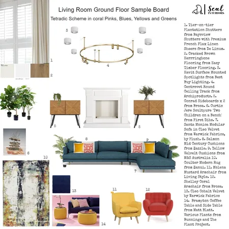 Tetradic MCM Living Room in Blues, Yellows, Corals and Greens Interior Design Mood Board by Seal Interiors on Style Sourcebook