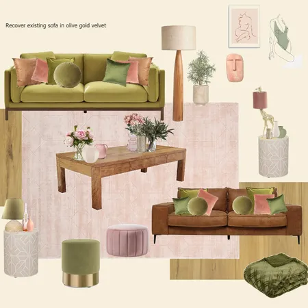 olive Velvet lounge - pink rug Interior Design Mood Board by randomly_chaotic on Style Sourcebook