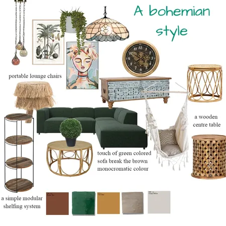 a boho style living room Interior Design Mood Board by NIRALI on Style Sourcebook