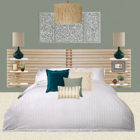 Julie Herbain bed 2 green with wood wall art and pendant Interior Design Mood Board by Laurenboyes on Style Sourcebook