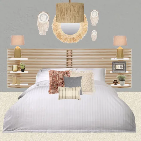 Julie Herbain bed 2 grey wall dream catchers + mirror, ochre lamps and pendant Interior Design Mood Board by Laurenboyes on Style Sourcebook