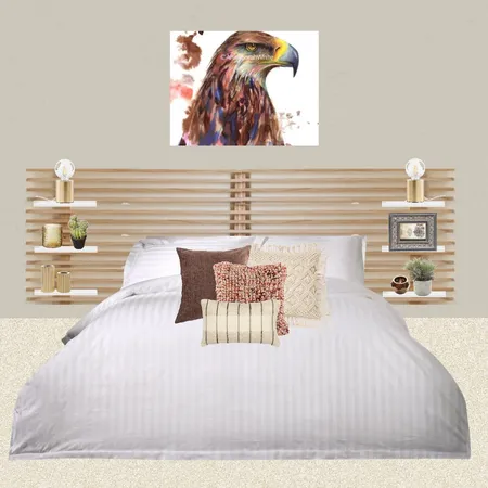 Julie Herbain bed 2 greige wall with eagle picture and filament lamps Interior Design Mood Board by Laurenboyes on Style Sourcebook