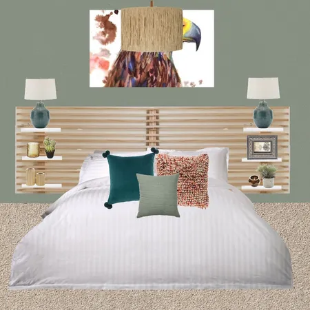 Julie Herbain bed 2 eagle and B&Q green lamps, updated cushions and pendant Interior Design Mood Board by Laurenboyes on Style Sourcebook