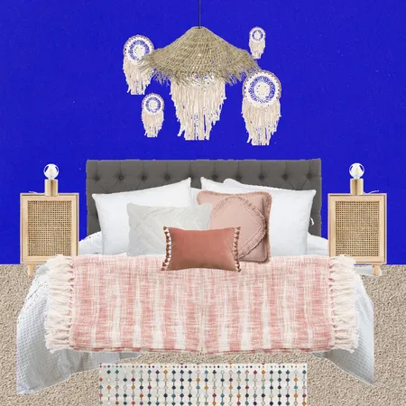Julie Herbain bed 1 with filament lamps and dream catchers and hat lampshade, minus blue cushion and pinky carpet Interior Design Mood Board by Laurenboyes on Style Sourcebook