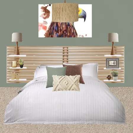 Julie Herbain bed 2 eagle and brown Nala lamps, brown and green cushions and pendant Interior Design Mood Board by Laurenboyes on Style Sourcebook