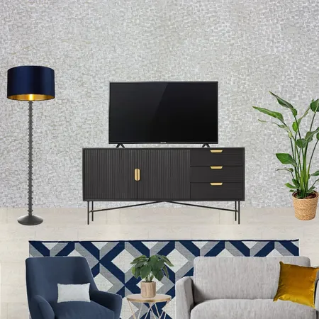 Saira - TV wall view with grey snuggle and navy armchair + grey wallpaper, mustard cushion Interior Design Mood Board by Laurenboyes on Style Sourcebook