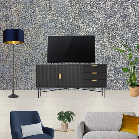 Saira - TV wall view with grey snuggle and navy armchair + navy, grey and gold wallpaper Interior Design Mood Board by Laurenboyes on Style Sourcebook