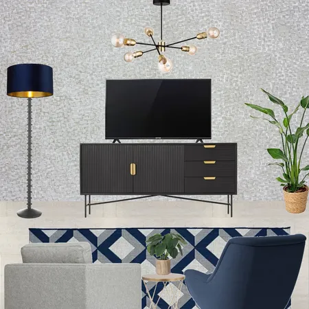 Saira - TV wall view with grey snuggle and navy armchair + grey wallpaper - forward facing Interior Design Mood Board by Laurenboyes on Style Sourcebook