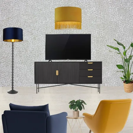 Saira - TV wall view with navy snuggle and mustard armchair + grey wallpaper - forward facing Interior Design Mood Board by Laurenboyes on Style Sourcebook