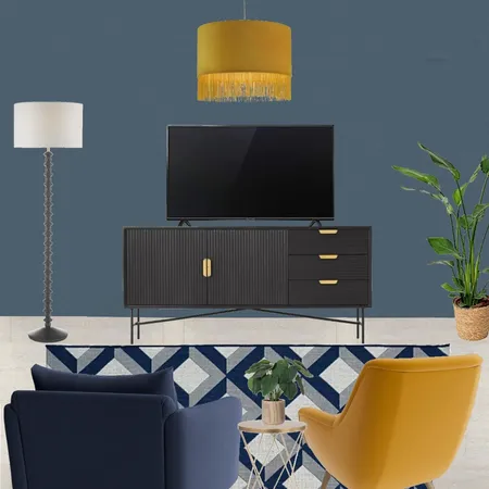 Saira - TV wall view with navy snuggle and mustard armchair + blue paint and mustard ceiling lampshade - forward facing Interior Design Mood Board by Laurenboyes on Style Sourcebook