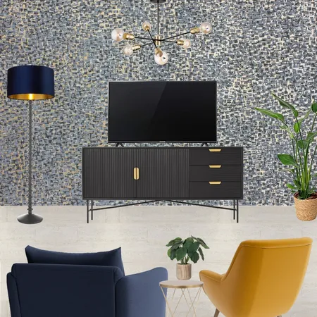 Saira - TV wall view with navy snuggle and mustard armchair + navy and gold wallpaper - forward facing Interior Design Mood Board by Laurenboyes on Style Sourcebook