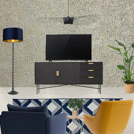 Saira - TV wall view with navy snuggle and mustard armchair + gold wallpaper - forward facing Interior Design Mood Board by Laurenboyes on Style Sourcebook