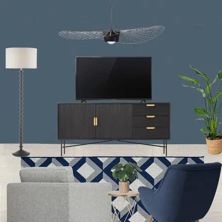 Saira - TV wall view with grey snuggle and navy armchair + blue paint + vertigo lighting - forward facing Interior Design Mood Board by Laurenboyes on Style Sourcebook