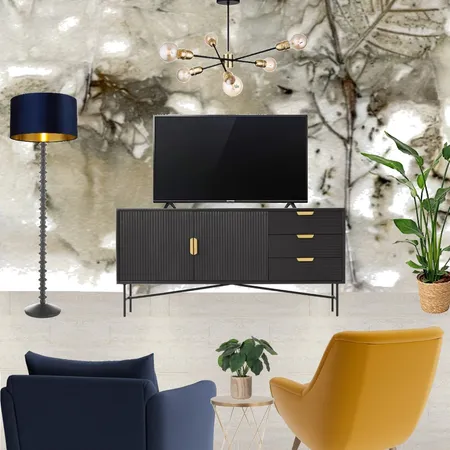 Saira - TV wall view with navy snuggle and mustard armchair + birch leaves wallpaper - forward facing Interior Design Mood Board by Laurenboyes on Style Sourcebook