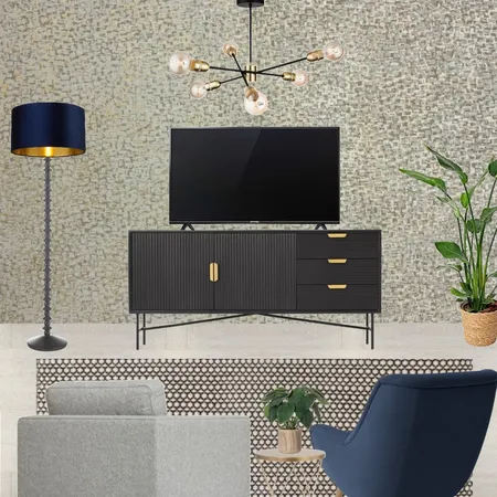 Saira - TV wall view with grey snuggle and navy armchair + grey and gold wallpaper - forward facing Interior Design Mood Board by Laurenboyes on Style Sourcebook