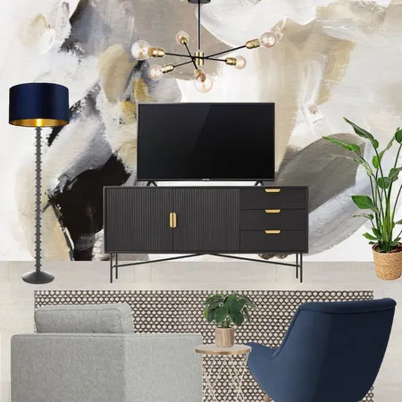 Saira - TV wall view with grey snuggle and navy armchair + wall art mural - forward facing Interior Design Mood Board by Laurenboyes on Style Sourcebook