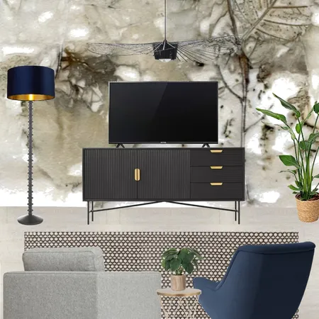 Saira - TV wall view with grey snuggle and navy armchair + birch leaves wallpaper - forward facing Interior Design Mood Board by Laurenboyes on Style Sourcebook