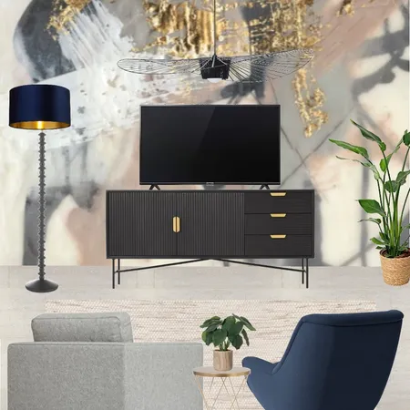 Saira - TV wall view with grey snuggle and navy armchair + golden blush wallpaper - forward facing Interior Design Mood Board by Laurenboyes on Style Sourcebook