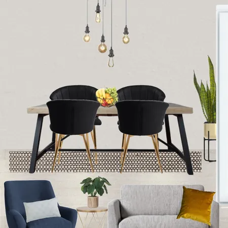 Saira - Dining view with grey paint, grey snuggle and navy armchair + Industrial table and 5 wire pendant, black chairs + black/beige rug Interior Design Mood Board by Laurenboyes on Style Sourcebook