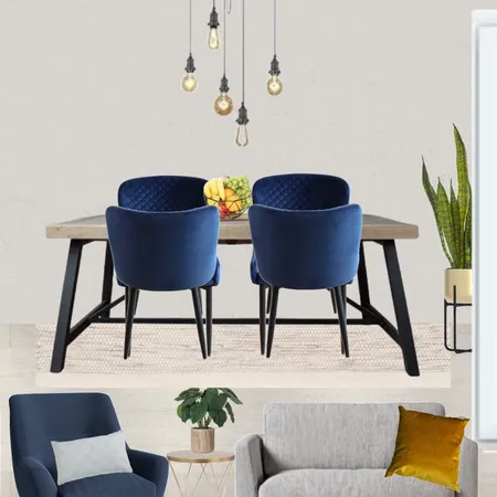 Saira - Dining view with grey paint, grey snuggle and navy armchair + Industrial table and 5 wire pendant, blue chairs and cream rug Interior Design Mood Board by Laurenboyes on Style Sourcebook
