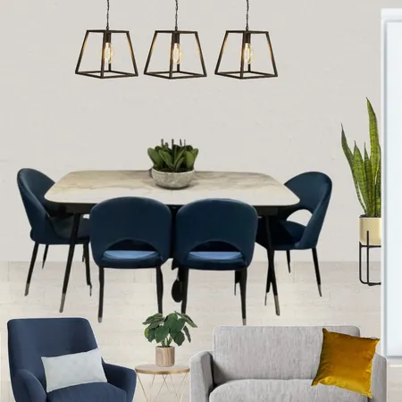 Saira - Dining view with grey paint, grey snuggle and navy armchair + Ore ceramic table + chairs and 3x metal trapeze pendant Interior Design Mood Board by Laurenboyes on Style Sourcebook