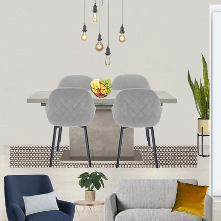 Saira - Dining view with grey paint, grey snuggle and navy armchair + Halmstad table and 5 wire pendant, grey chairs and black/beige rug Interior Design Mood Board by Laurenboyes on Style Sourcebook