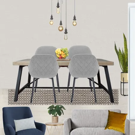 Saira - Dining view with grey paint, grey snuggle and navy armchair + Industrial table and 5 wire pendant, grey chairs and black/beige rug Interior Design Mood Board by Laurenboyes on Style Sourcebook