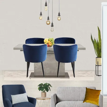 Saira - Dining view with grey paint, grey snuggle and navy armchair + Halmstad table and 5 wire pendant, blue chairs and cream rug Interior Design Mood Board by Laurenboyes on Style Sourcebook
