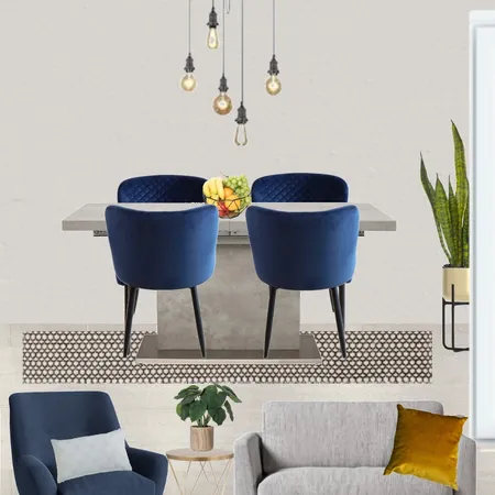 Saira - Dining view with grey paint, grey snuggle and navy armchair + Halmstad table and 5 wire pendant, blue chairs and black/beige rug Interior Design Mood Board by Laurenboyes on Style Sourcebook