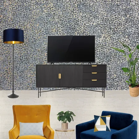 Saira - TV wall view with navy snuggle and mustard armchair + navy and gold wallpaper Interior Design Mood Board by Laurenboyes on Style Sourcebook