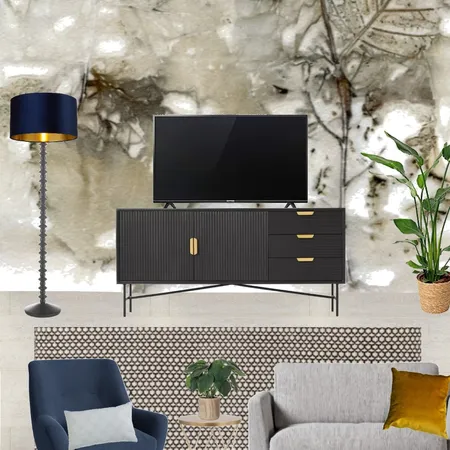 Saira - TV wall view with grey snuggle and navy armchair + birch leaves wallpaper Interior Design Mood Board by Laurenboyes on Style Sourcebook