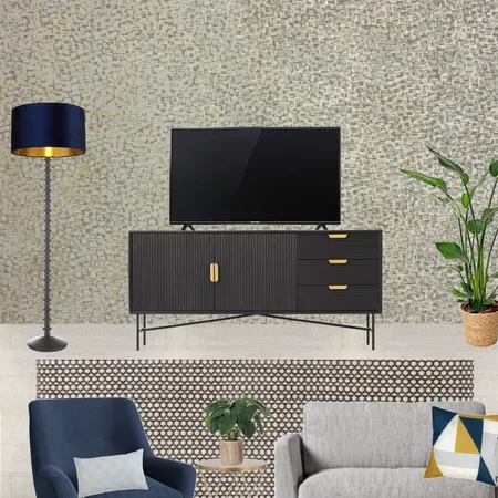 Saira - TV wall view with grey snuggle and navy armchair + grey and gold wallpaper Interior Design Mood Board by Laurenboyes on Style Sourcebook