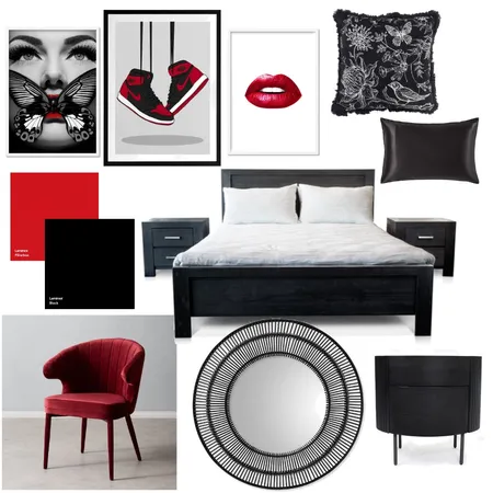Red and Black Bedroom Interior Design Mood Board by Elaina on Style Sourcebook